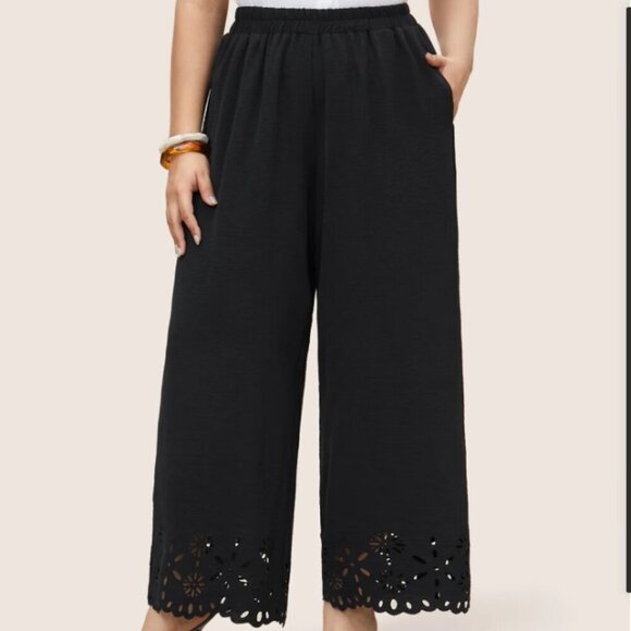 BloomChic Plus Size Laser Cut Elastic Waist Wide Leg Pants - Picture 1 of 4